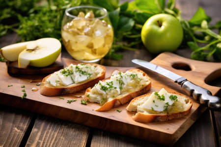 rustic board with pear bruschetta and cutlery beside, created with generative aiの素材