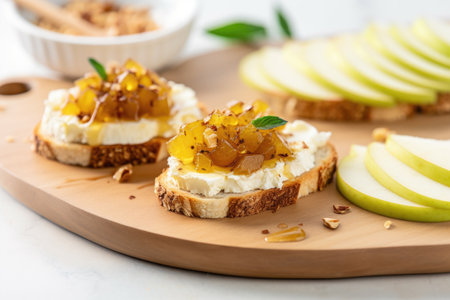 pear bruschetta with a cheese spread on white toast, created with generative aiの素材