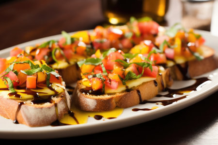 close-up of olive oil-drizzled gouda bruschetta on ceramic plate, created with generative aiの素材
