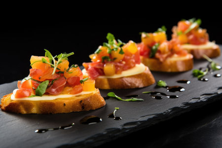 side-view of smoked gouda topped bruschetta on black slate, created with generative aiの素材