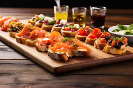 variety of smoked salmon bruschetta on a long board, created with generative aiの素材