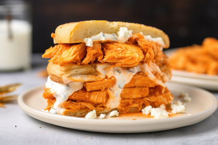 close up of buffalo chicken sandwich with sauce dripping, created with generative aiの素材