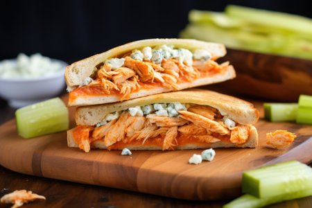 buffalo chicken sandwich with celery sticks on the side, created with generative aiの素材