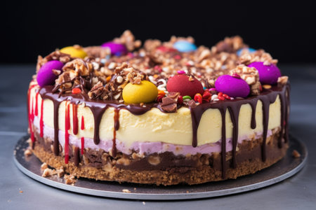 overindulgent cheesecake with lots of toppings visible, created with generative aiの素材