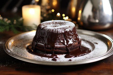 chocolate cake with molten center on a silver platter, created with generative aiの素材
