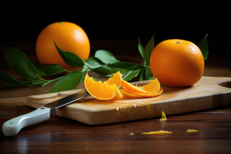 an orange being peeled, placed on a wooden table, created with generative aiの素材