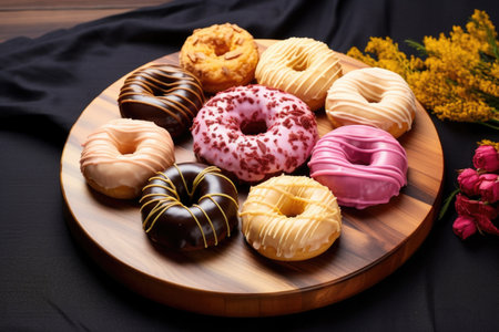 a dozen donuts arranged in a circle on a wooden tray, created with generative aiの素材