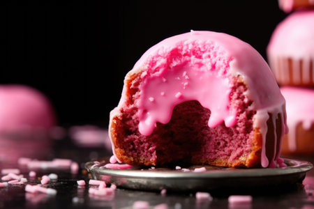 a pink iced donut with a bite taken out of it, created with generative aiの素材