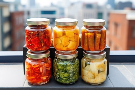 colorful rooftop assortment of traditional glazed korean kimchi jars, created with generative aiの素材