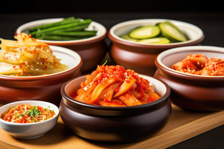 stack of various korean banchan dishes, focus on kimchi, created with generative aiの素材