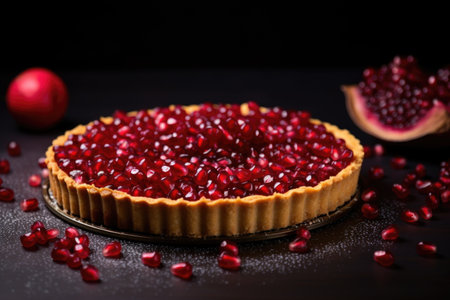 close view of a tart with vibrant pomegranate seeds, created with generative aiの素材