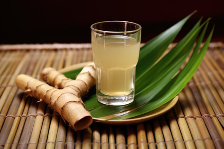 a ginger shot sitting on a bamboo mat, created with generative aiの素材