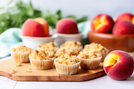 gluten-free peach muffins next to vibrant fresh peaches, created with generative aiの素材