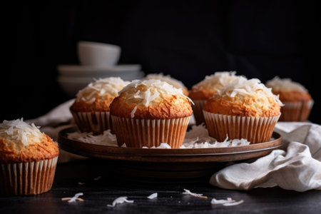 gluten-free coconut muffins in a low-light setting, created with generative aiの素材