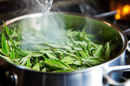 sage tea preparation with boiling water and loose leaves, created with generative aiの素材