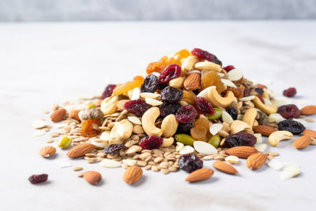 a heap of trail mix on a marble countertop, created with generative aiの素材