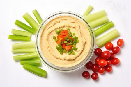 top view of hummus with celery, bell peppers and cherry tomatoes on a white surface, created with generative aiの素材