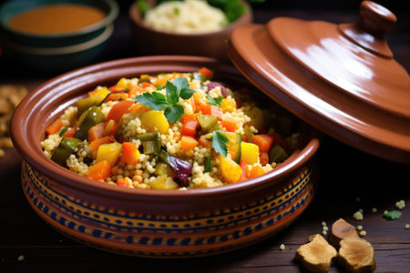 moroccan couscous with vegetables in a tagine pot, created with generative aiの素材