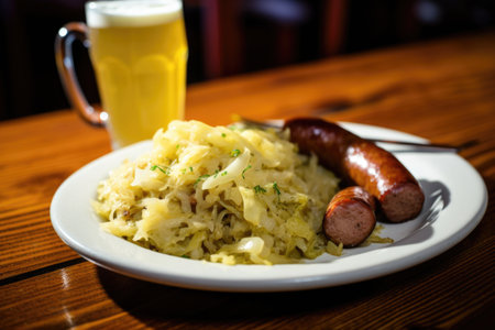 german sausage and sauerkraut plate, created with generative aiの素材