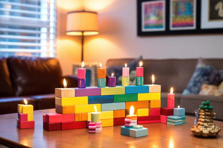 diy menorah made from stacked toy blocks, created with generative aiの素材