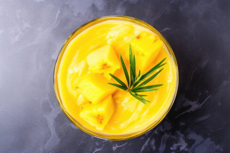 smoothie glass containing yellow mix of mango and pineapple, seen from above, created with generative aiの素材
