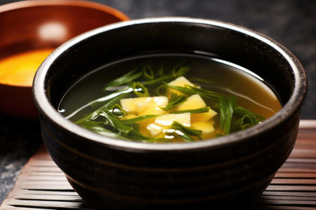 close-up shot of miso soup in a traditional japanese bowl, created with generative aiの素材