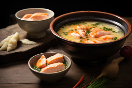 salmon miso soup photographed next to fresh salmon pieces, created with generative aiの素材