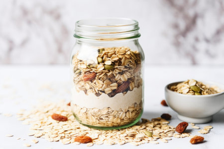 muesli mix in a glass jar with cooking oats at the side, created with generative aiの素材