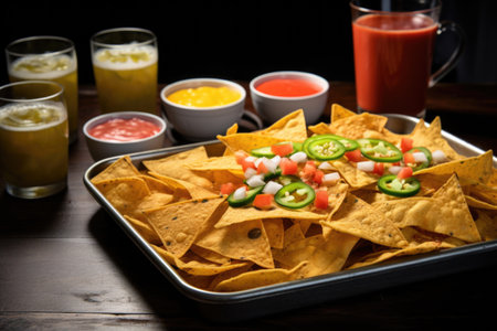 oversized nacho chips with cheese and sweet corn in a tray, created with generative aiの素材