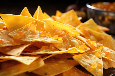 close-up of tortilla chips covered in melted cheddar, created with generative aiの素材