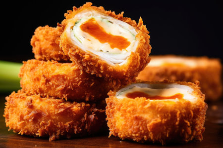 a close-angle view of onion rings showcasing inner layers, created with generative aiの素材