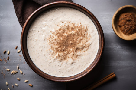 overhead shot of milk-based porridge in a bowl, created with generative aiの素材