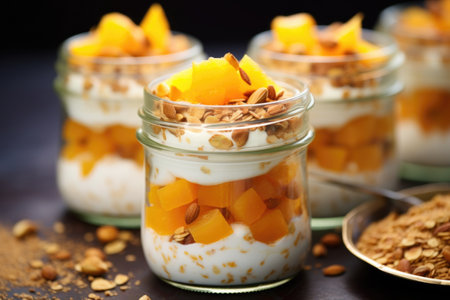 macro shot of birchers with apricot pieces in a jar, created with generative aiの素材