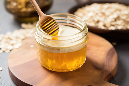 greek yogurt oats with honey in a jar, spoon inside, created with generative aiの素材
