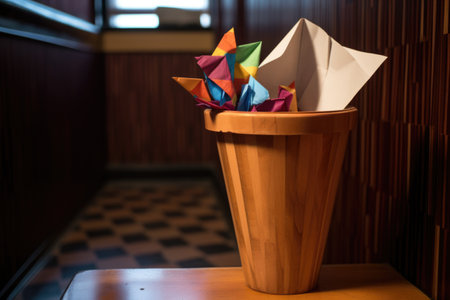 a close-up shot of a paper plane inside a wooden wastebasket, created with generative aiの素材