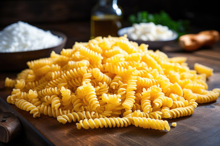 cavatappi pasta tightly coiled on a table, created with generative aiの素材