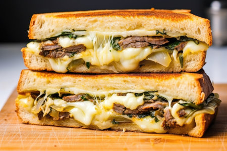 philly cheesesteak sandwich sliced in half, showcasing the filling, created with generative aiの素材