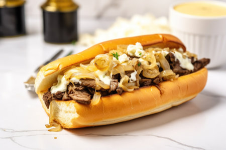 philly cheesesteak with toasted bun and glossy cheese on a marble counter, created with generative aiの素材