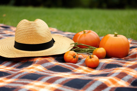 two orange pumpkins and a straw hat on a picnic blanket, created with generative aiの素材