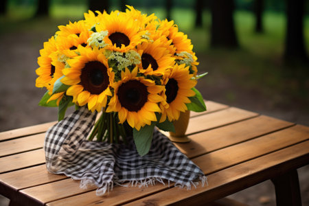 sunflower bouquet on a rustic wooden picnic table, created with generative aiの素材