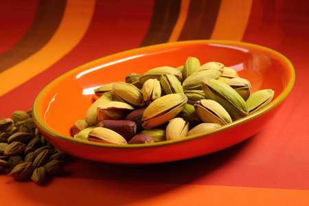 color contrast image of pistachios on an orange plate, created with generative aiの素材