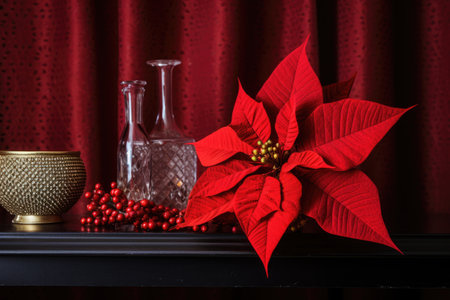 red poinsettia on a mantelpiece adorned with christmas decor, created with generative aiの素材