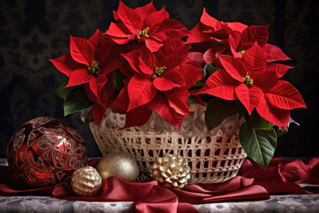 poinsettia with christmas ornaments and ribbons in a decorative basket, created with generative aiの素材