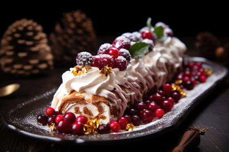 decorated yule log dessert ready to serve, created with generative aiの素材