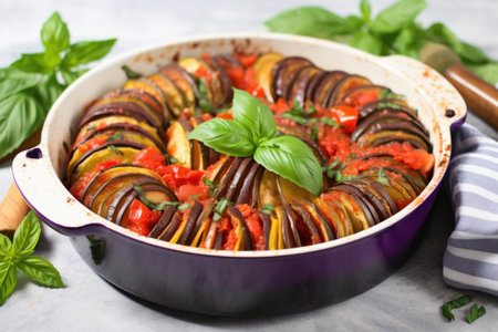 ratatouille garnished with fresh basil leaves, created with generative aiの素材