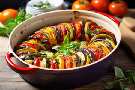 ratatouille in baking dish fresh from the oven, created with generative aiの素材