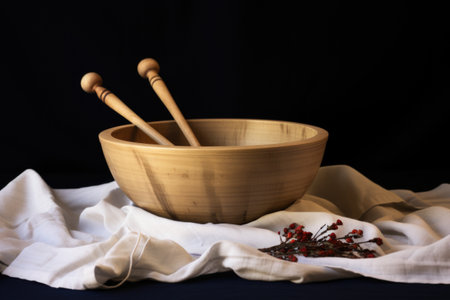 sound bowl with mallet on a soft cloth, created with generative aiの素材