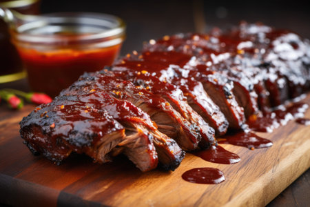 cooked ribs with char marks and bbq sauce, created with generative aiの素材