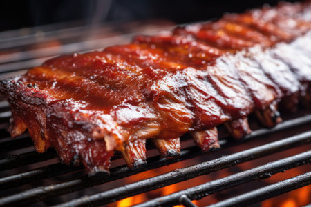 close-up of bbq ribs on a grill, created with generative aiの素材