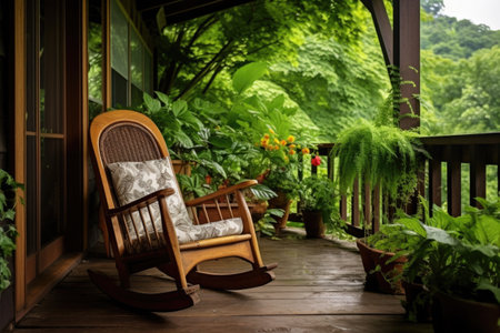rocking chair placed against a wooden patio railing with lush greenery in the background, created with generative aiの素材